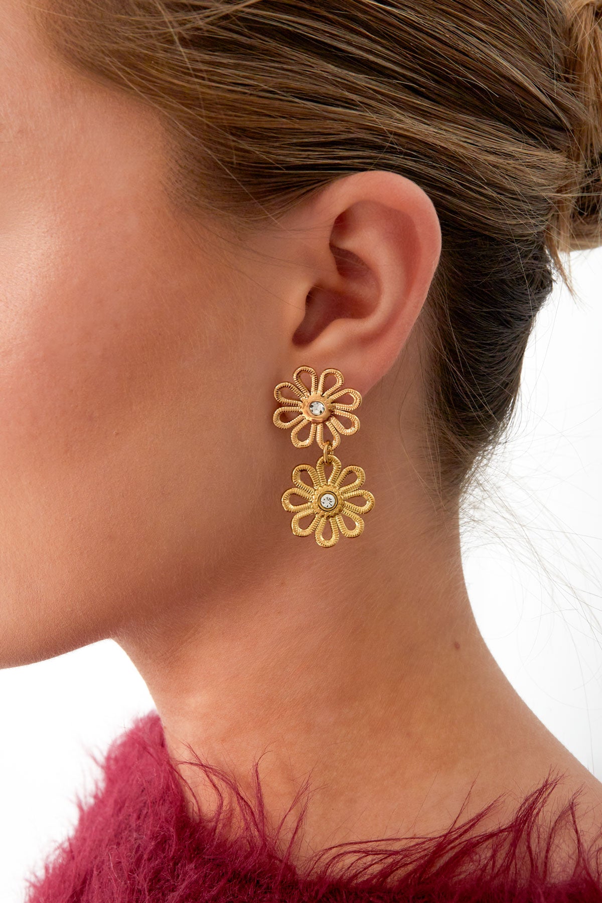 LIVAYA Ohrringe Damen Ohrhänger mit doppeltem Blumenmotiv aus Edelstahl – Ansicht 2