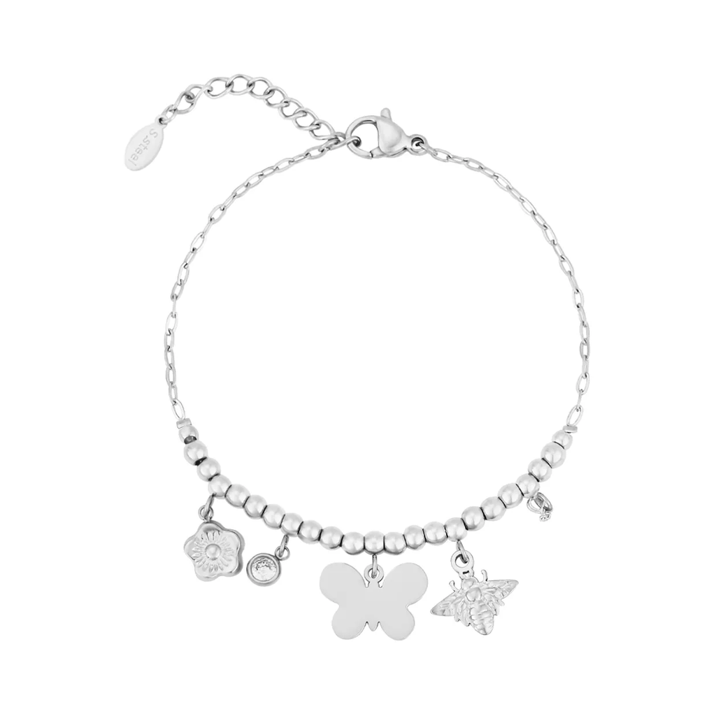 LIVAYA Armband Charmarmband mit Schmetterling, Blume und Biene 16 cm + 3 cm – Bild 1