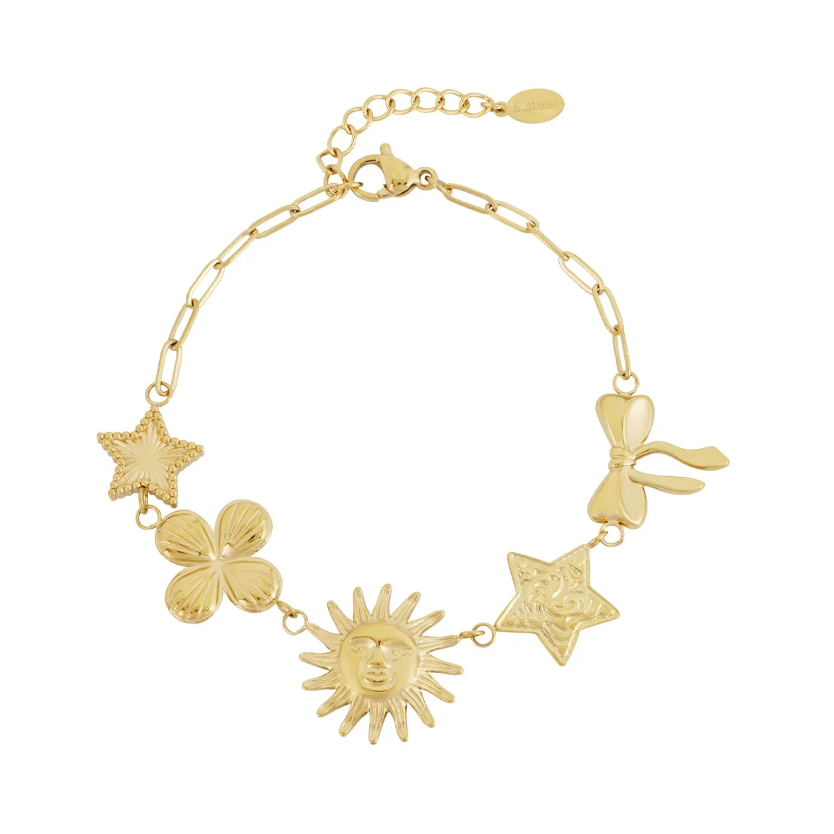 LIVAYA Armband Charmarmband aus Edelstahl mit Sonne, Sternen, Blume und Schleife 16,5 cm – Bild 3