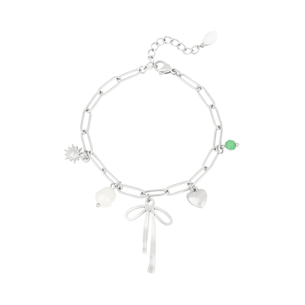 LIVAYA Armband Charmarmband aus Edelstahl mit Schleifen-, Herz- und Sonnenanhängern, 17,5 cm – Bild 1