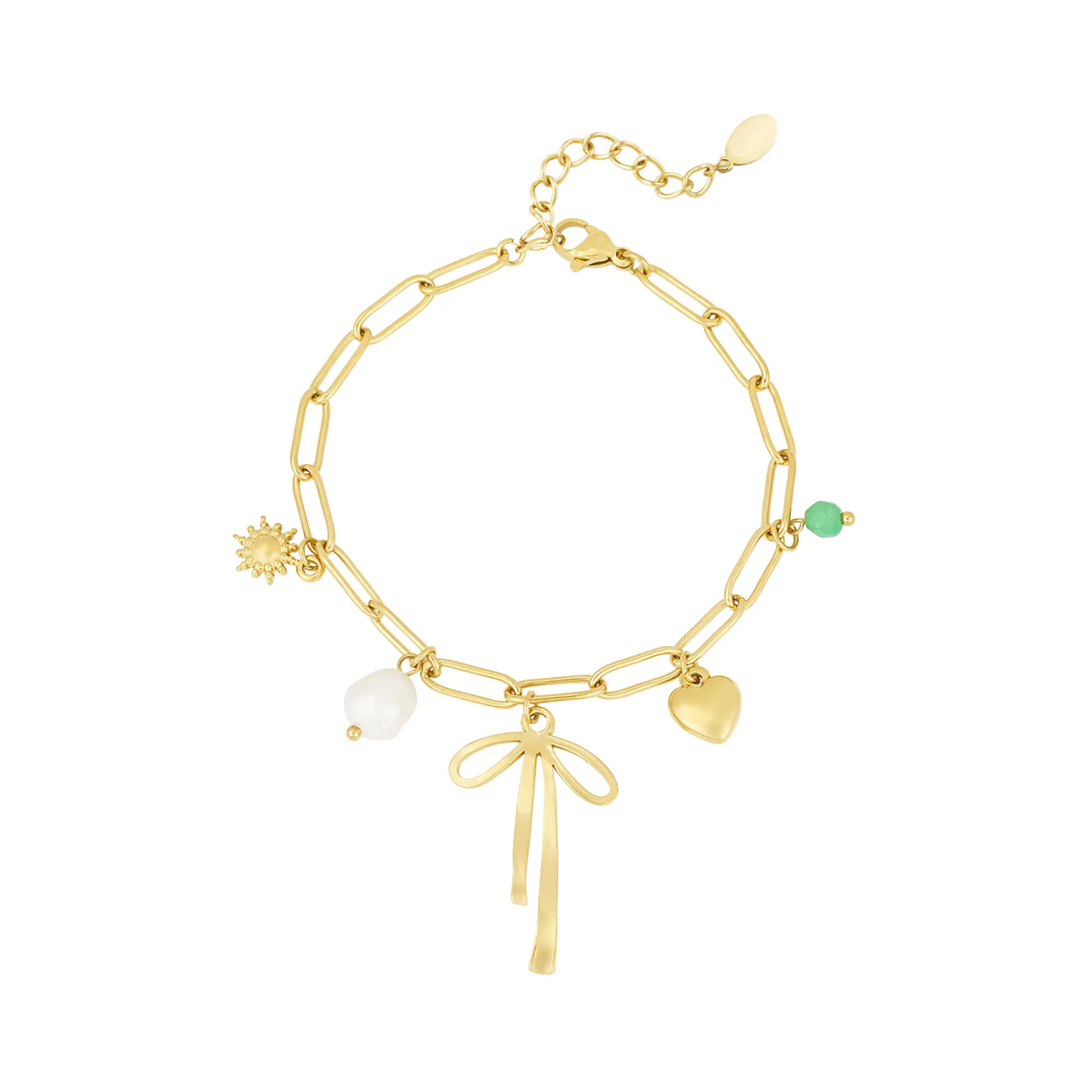 LIVAYA Armband Charmarmband aus Edelstahl mit Schleifen-, Herz- und Sonnenanhängern, 17,5 cm – Bild 3