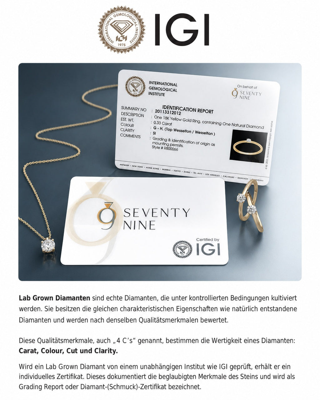 Collier aus 585er Gelbgold mit 2 Lab-Grown-Diamanten, 0,75 ct, 45 cm – Zertifikat