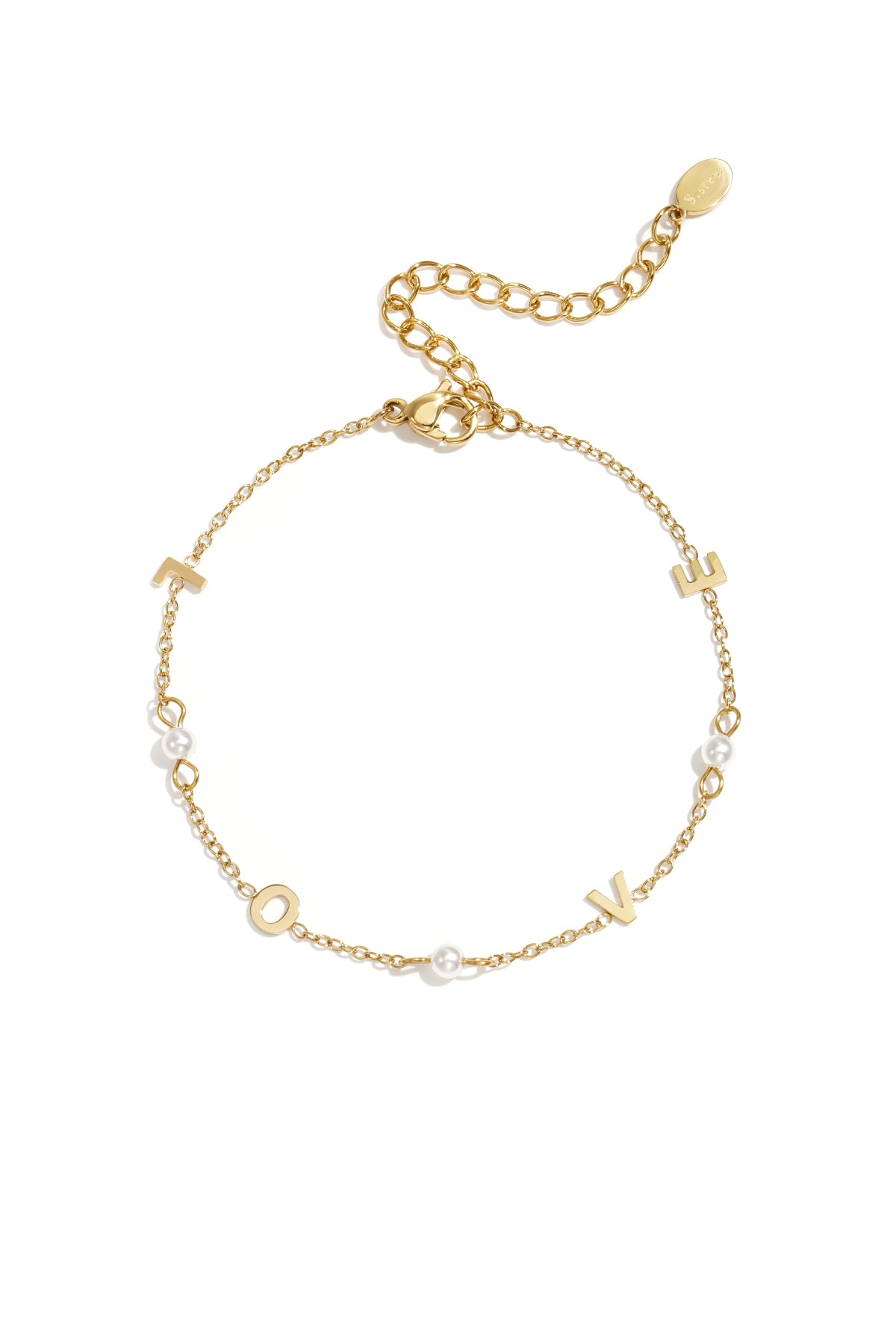LIVAYA Armband Charmarmband mit LOVE-Schriftzug und Perlen, goldfarben, 17 cm + 5 cm – Bild 1