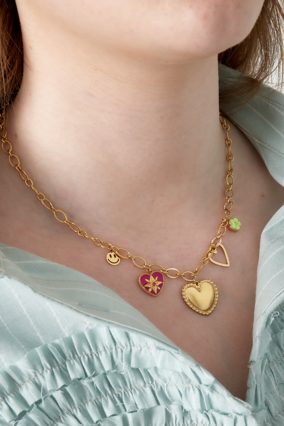 LIVAYA Anhängerkette mit Herz-, Blumen- und Smiley-Anhängern