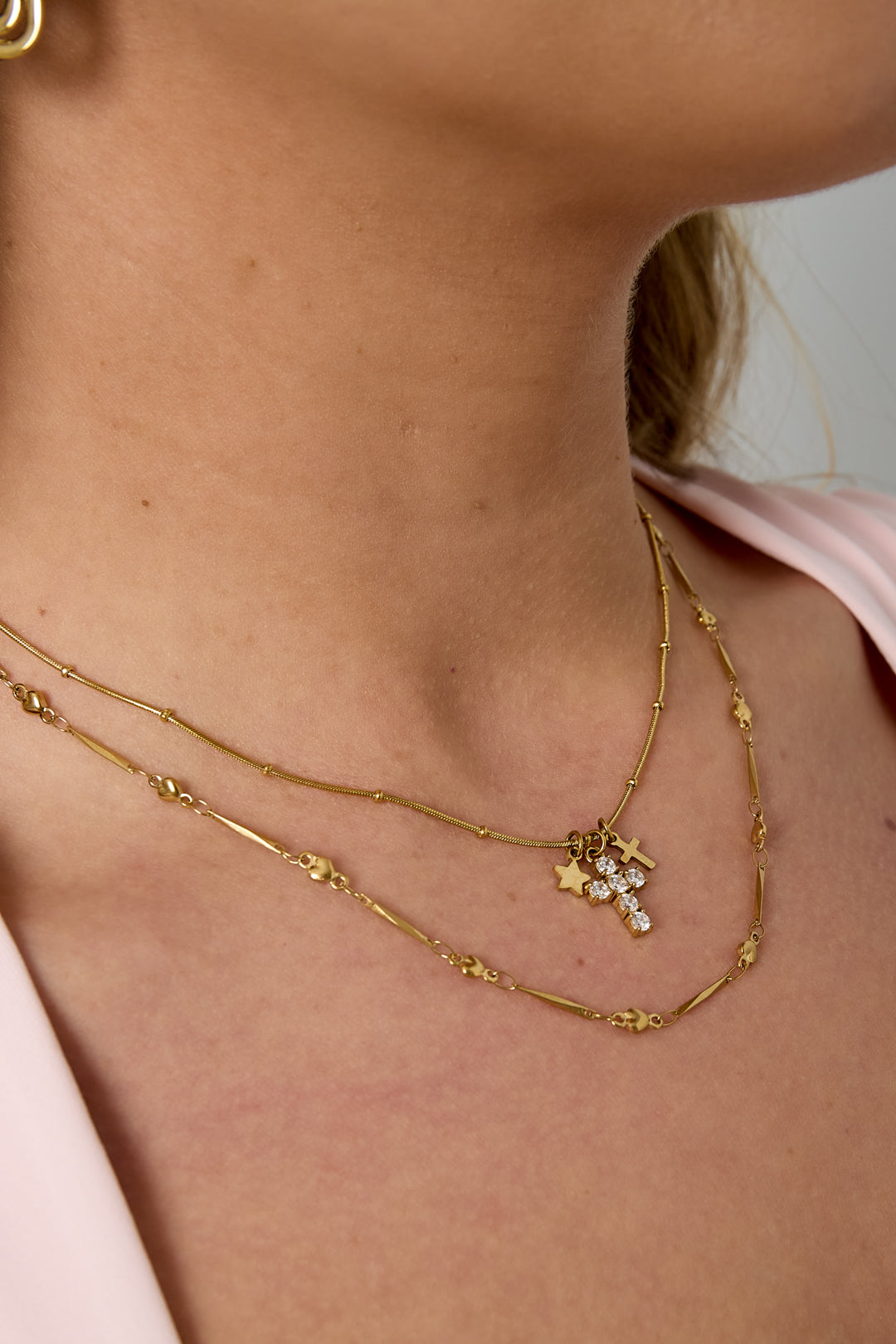 LIVAYA Anhängerkette mit Kreuz- und Sternanhängern aus Edelstahl und Strass