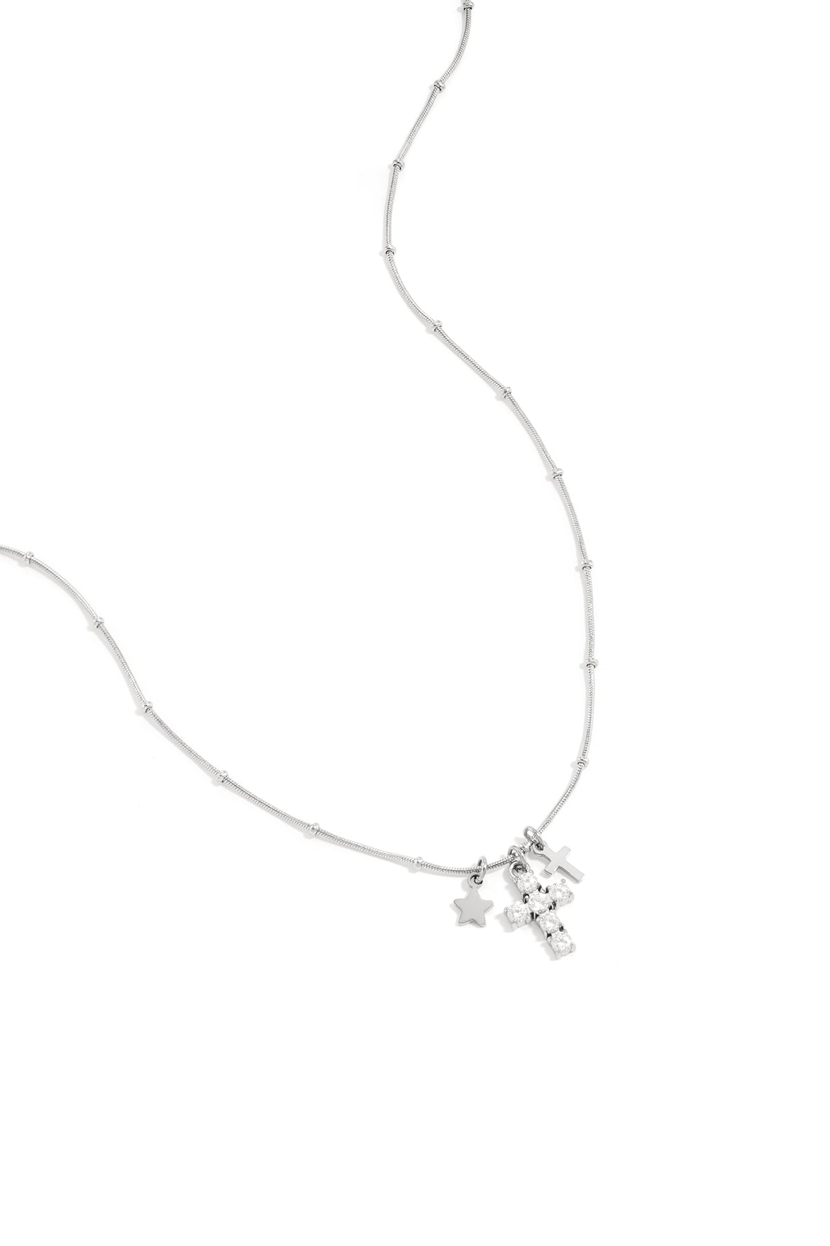 LIVAYA Anhängerkette mit Kreuz- und Sternanhängern aus Edelstahl und Strass