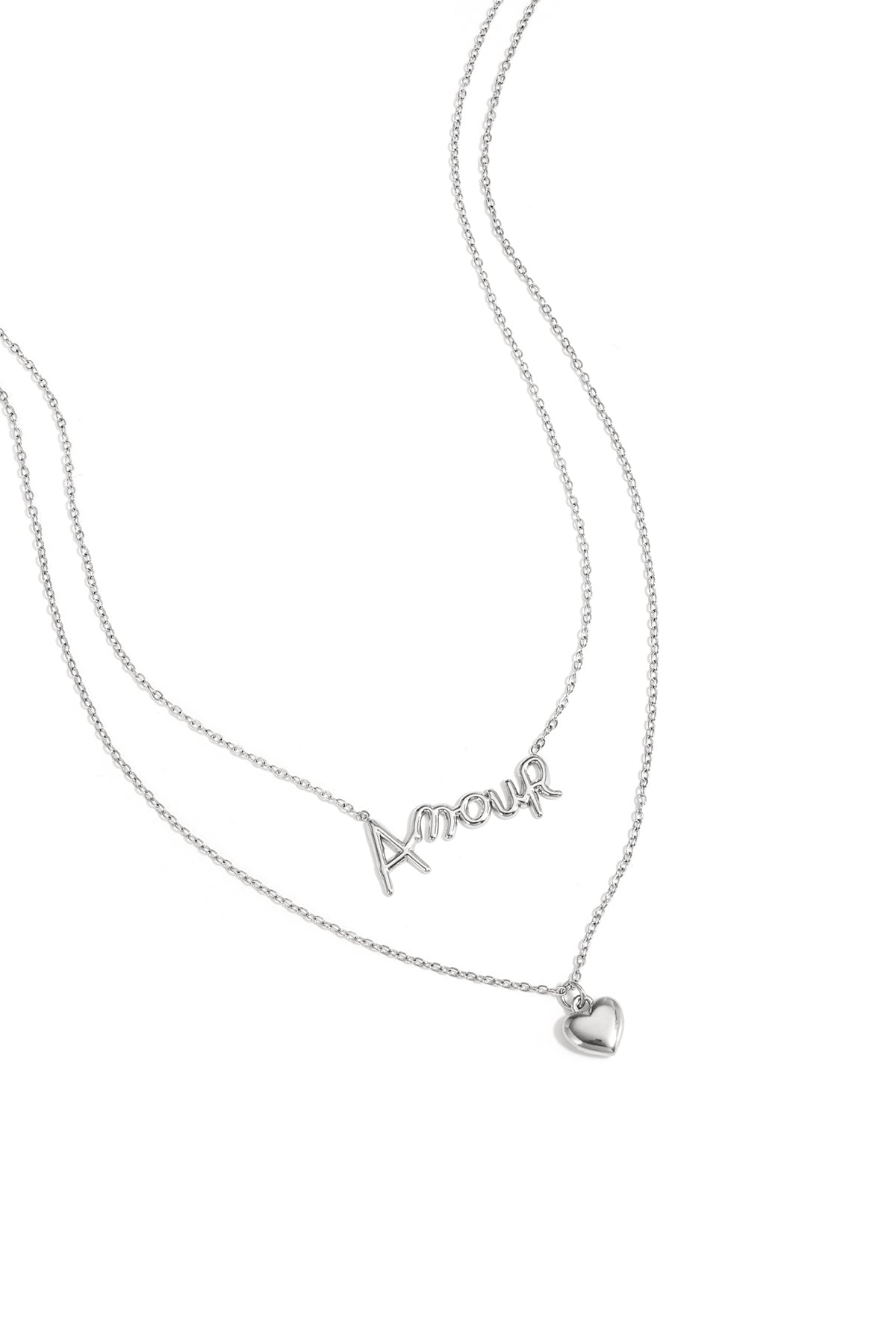 LIVAYA Layering-Halskette mit Amour-Schriftzug und Herzanhänger aus Edelstahl