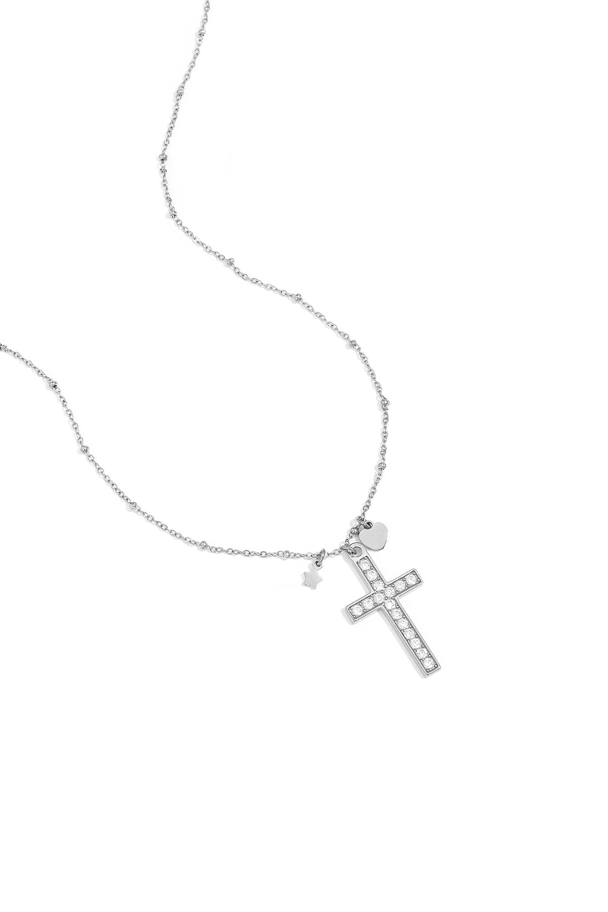 LIVAYA Anhängerkette aus Edelstahl mit Strass-Kreuz und Charms