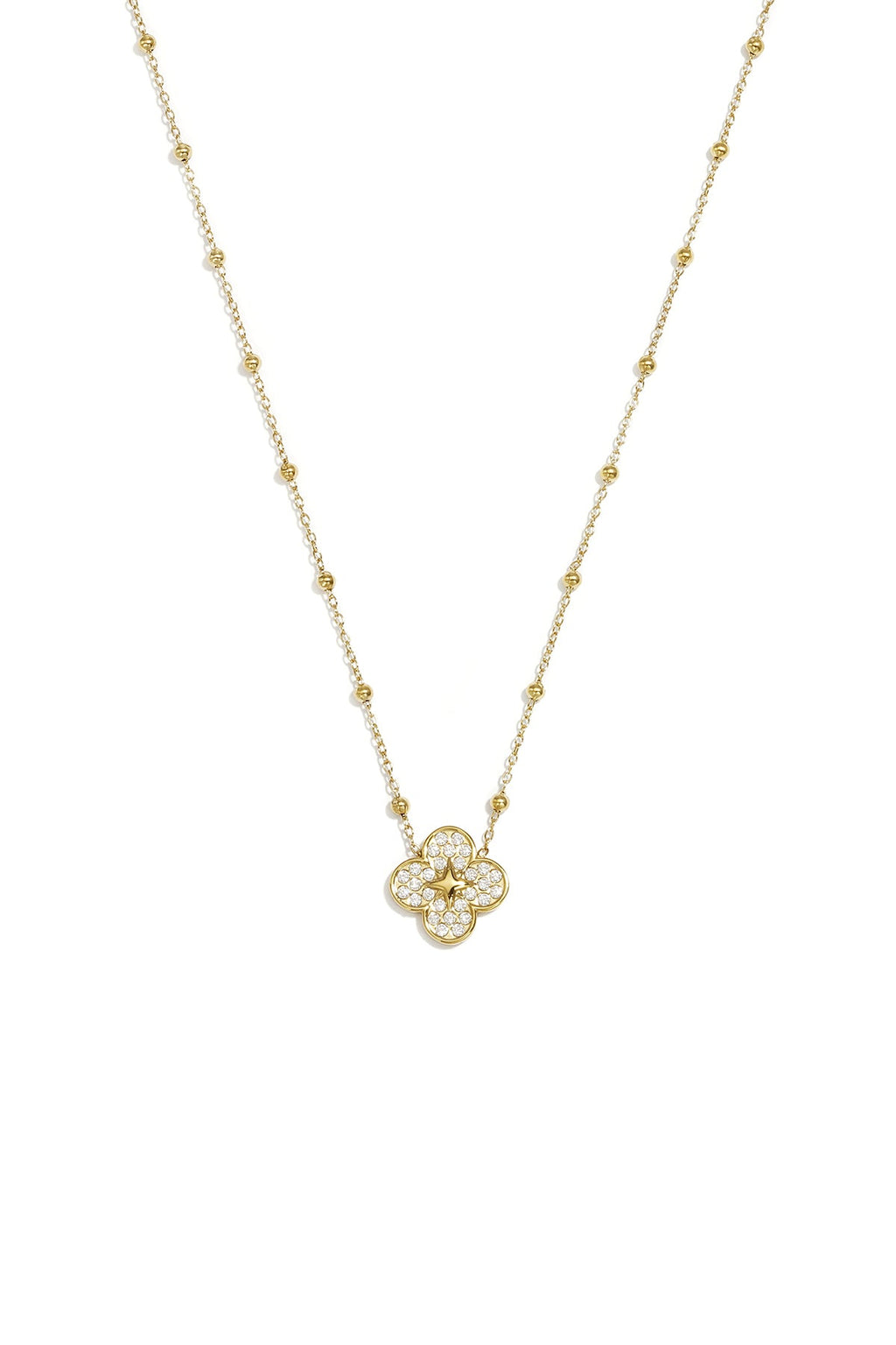 LIVAYA Anhängerkette mit Kleeblatt-Anhänger, Strass und Kugelakzenten