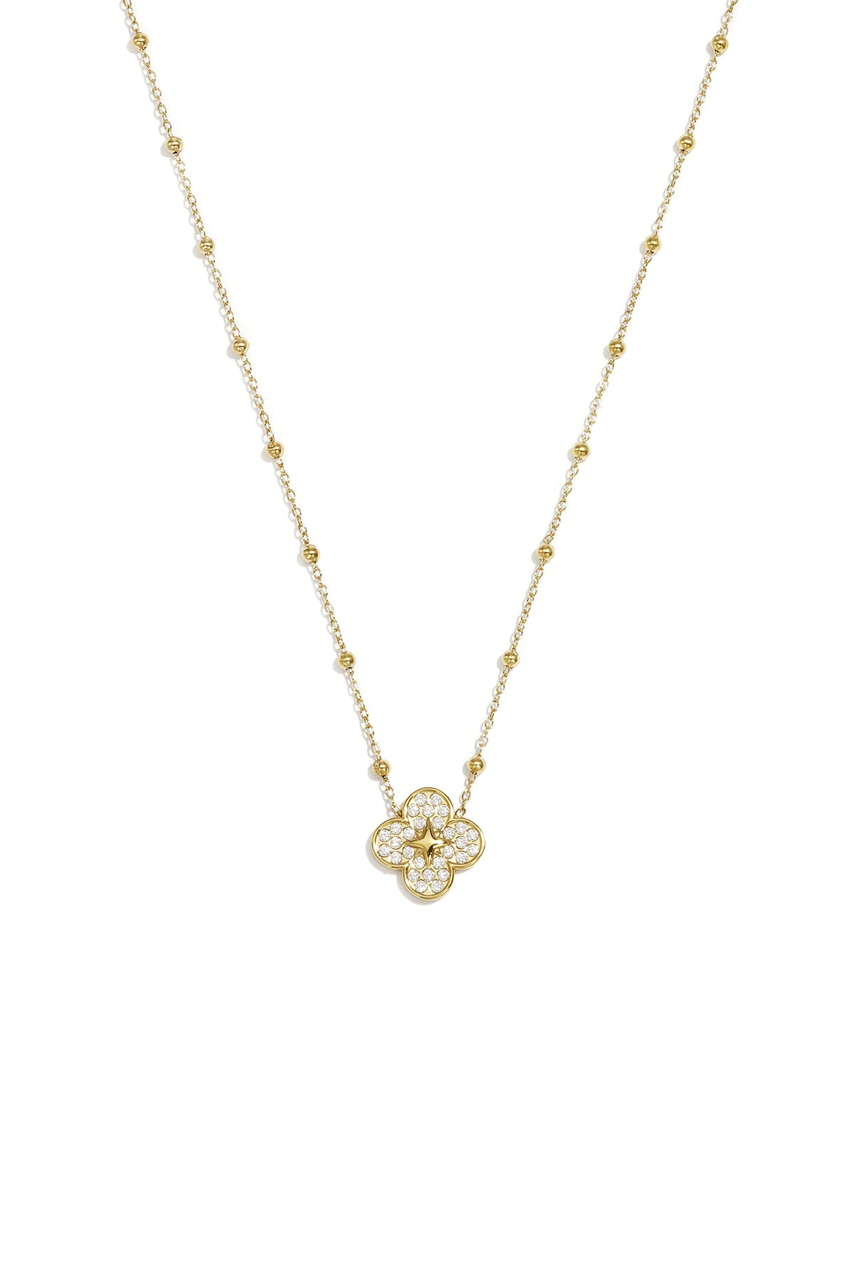 LIVAYA Anhängerkette mit Kleeblatt-Anhänger, Strass und Kugelakzenten