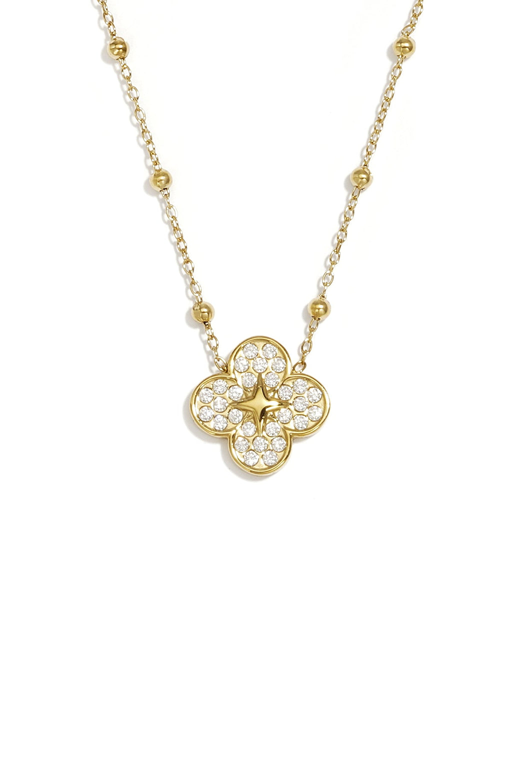 LIVAYA Anhängerkette mit Kleeblatt-Anhänger, Strass und Kugelakzenten
