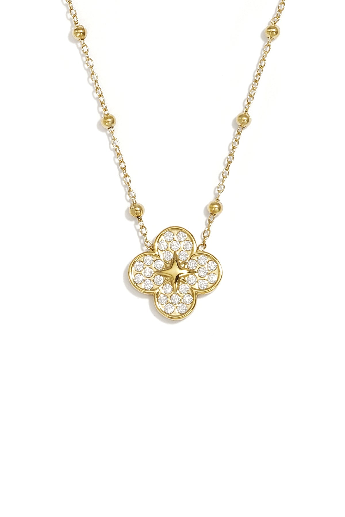 LIVAYA Anhängerkette mit Kleeblatt-Anhänger, Strass und Kugelakzenten